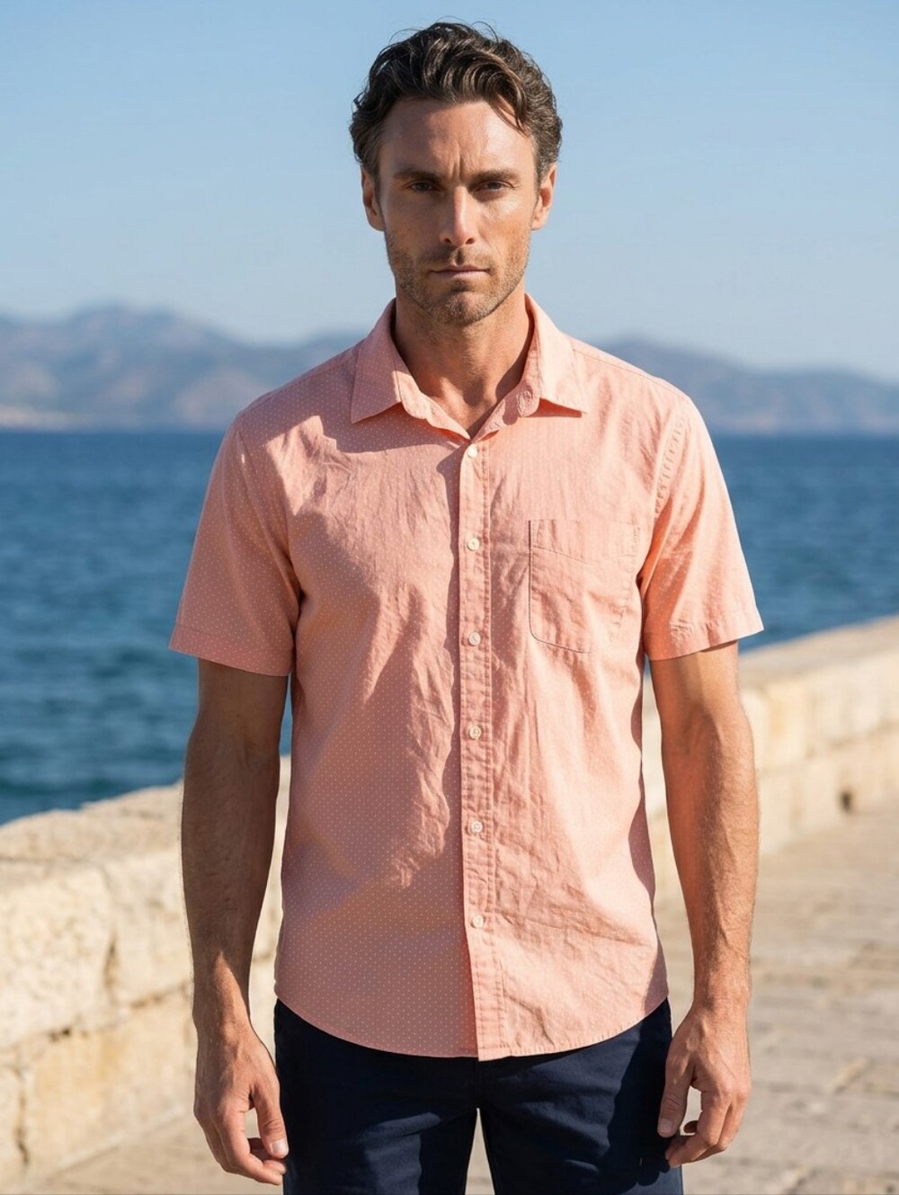 Old Navy Built In Flex Shirt XL Peach Dot Print Button Down Short Sleeve Resort